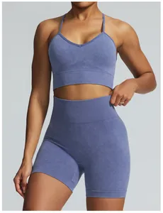 Premium nahtloses Acid-Wash Yoga-Set mit High-Waist-Shorts und Sport-BH in Blau