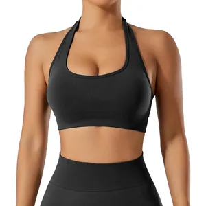 Black halter neck sports bra with ribbed hem for fitness, running and yoga workout wear