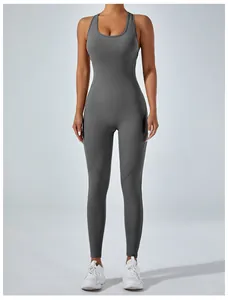 Schlanker dunkelgrauer Yoga-Jumpsuit aus einem Stück mit Racerback für Outdoor-Sport