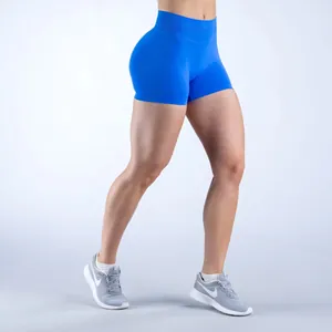 Short de yoga bleu sans couture à taille haute avec effet push-up pour le fitness.