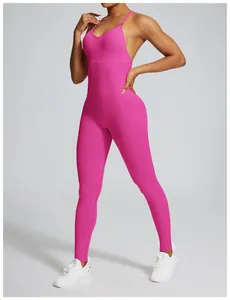 Vibrant pink seamless one-piece yoga jumpsuit for women featuring slim suspender straps