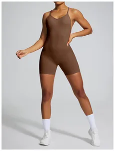 Full view detail of a brown seamless ribbed yoga bodysuit for women athletic fitness wear