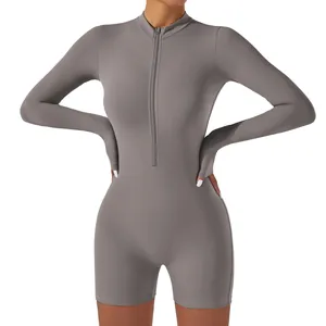 High-performance slim fit long sleeve yoga jumpsuit with front zipper in professional grey