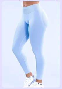 Detailed view of light blue high-waisted seamless yoga leggings with scrunch butt