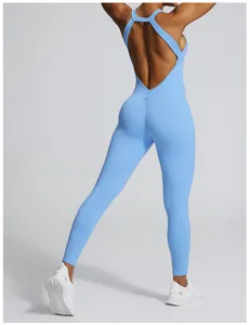 Light blue backless yoga jumpsuit featuring scrunch butt detail shown from the back