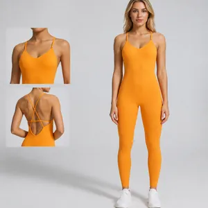 Vibrant orange seamless backless yoga bodysuit with cross-back straps for fitness