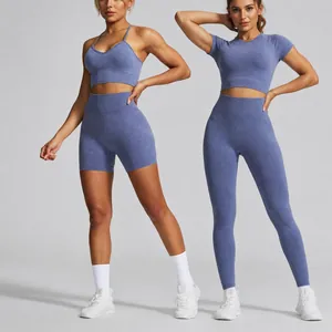 Damen Nahtloses Säurewaschung Yoga Set Hohe Taille Fitness Studio Workout Bekleidung Gerippter Sport BH Leggings Sport Set