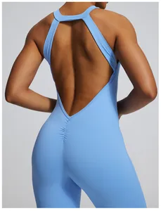 Back view of a light blue backless yoga bodysuit with scrunch butt detail for fitness.