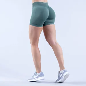 Vue détaillée du short de yoga taille haute à effet froncé en tissu bleu sarcelle