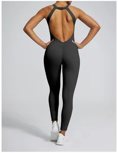 Professional back view of a black backless yoga bodysuit with scrunch butt detail for fitness.