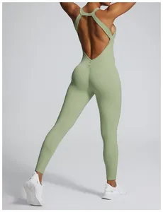 Detailed view of backless light green yoga jumpsuit highlighting the peach butt lifting fit