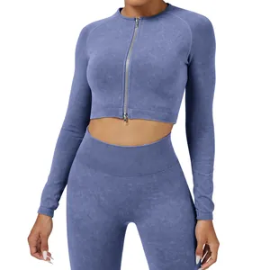 Nahtloses sandgewaschenes Yoga-Set für Damen mit Leggings und kurzem Oberteil mit Reißverschluss