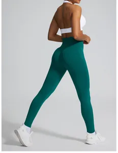 Rear view of green seamless yoga leggings highlighting high waist and lifting design