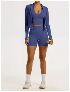 Detailed full-body view of blue seamless women's yoga set with zip jacket and ribbed shorts