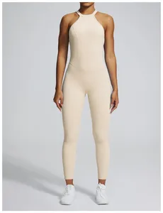 Backless peach-butt yoga bodysuit in cream color for fitness and outdoor sports
