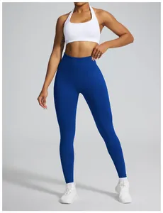 Full-length view of royal blue high-waist seamless yoga leggings on fitness model