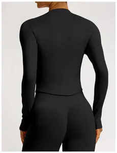 Detailed back view of a black seamless ribbed yoga set showcasing texture and body fit