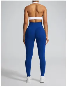 Back view of seamless high-waisted yoga leggings with peach butt lifting effect