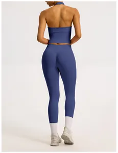 Rückansicht blaue High-Waist-Yoga-Leggings mit Scrunch-Effekt für Damen Fitness