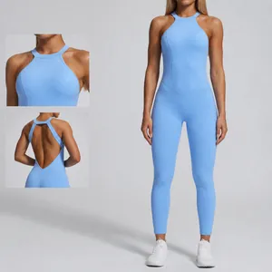 Slim fit backless one-piece yoga jumpsuit with halter neck design in light blue color