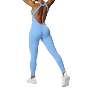 Athletic backless yoga jumpsuit with scrunch butt lifting design in light blue for fitness
