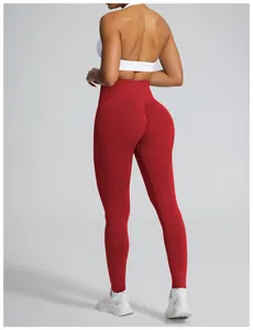 Detailed back view of red high-waist seamless yoga leggings with scrunch butt design
