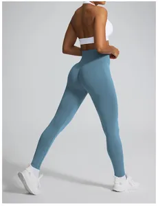 Back view detail of blue seamless high-waisted scrunch butt yoga leggings for women