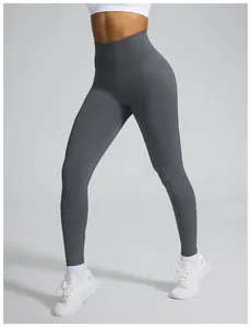Professional close-up of seamless high waisted gray yoga leggings for fitness and gym.