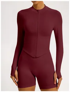Burgundy seamless yoga set with front-zip jacket and matching ribbed shorts