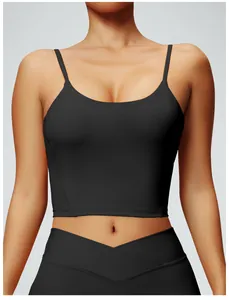 Slim fit black yoga tank top with spaghetti straps and built-in bra pads for gym
