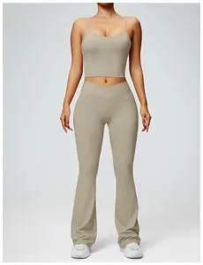 Front detail view of a khaki two-piece yoga set with camisole top and flare leggings