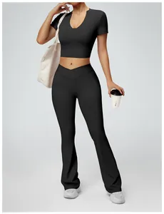 Slim fit high waist micro-flare yoga pants with matching black short sleeve crop top