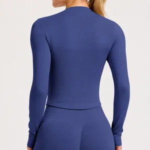 Back view of a slim fit stand collar long sleeve navy blue yoga jacket for sports