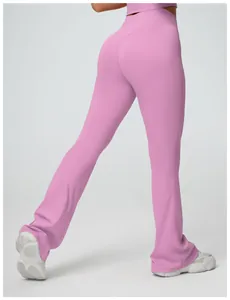Detailed back view of pink high-waisted flared yoga pants for women