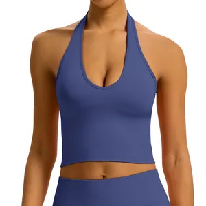 Seamless halter neck yoga sports bra in dusty blue with breathable ribbed texture for fitness