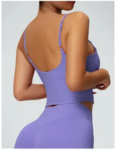 Detailed back view of purple strappy yoga tank top featuring an elegant open back design