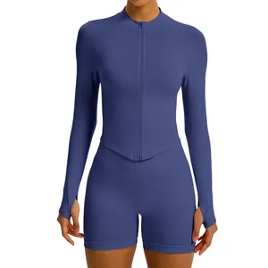 Slim fit zip-up stand collar long sleeve yoga jacket and shorts set for women in blue