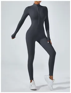Combinaison de yoga à manches longues avec fermeture éclair frontale de couleur anthracite