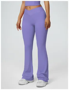 Women's purple high-waisted flared yoga pants with a stylish V-shaped waistband