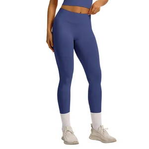 Pantaloni da yoga blu a vita alta con effetto push-up e vita a costine donna.
