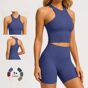 Naadloze blauwe yoga tanktop met racerback en bijpassende fitness shorts voor dames set
