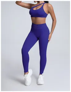 Royal blue seamless high-waist gym set with one-shoulder sports bra and leggings