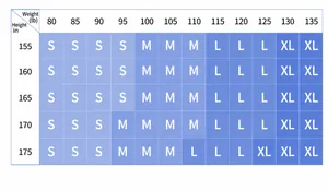 Tableau de recommandations de tailles pour jupe de sport plissée selon taille et poids