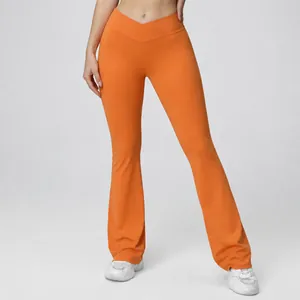 Women High Waist Crossover Flare Yoga Pants Tight Butt Lifting Leggings Fitness Running Flared Trousers Nylon Spandex Bottom