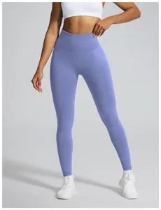 Detail showing high-waisted seamless purple yoga leggings for women's fitness workout.