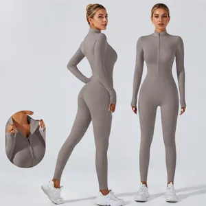 Mono de Yoga de Manga Larga para Mujer Sensación Piel Desnuda Body de Fitness de Alta Intensidad Con Cremallera Frontal Top And Bottom