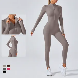 Mono de yoga de manga larga con cremallera media, cuello alto y sensación de piel