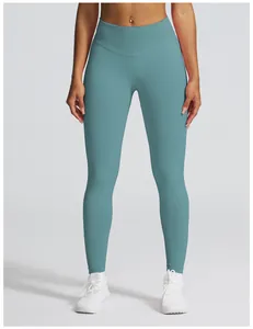 Vorderansicht der blaugrauen nahtlosen High-Waist-Yoga-Leggings mit Bauchkontrolle