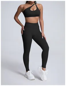 One-shoulder matte black sports bra and leggings set for yoga and fitness training