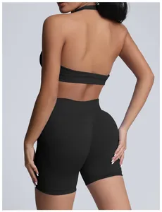 Detail of seamless matte high-waist yoga shorts with hip-lifting design from the back view